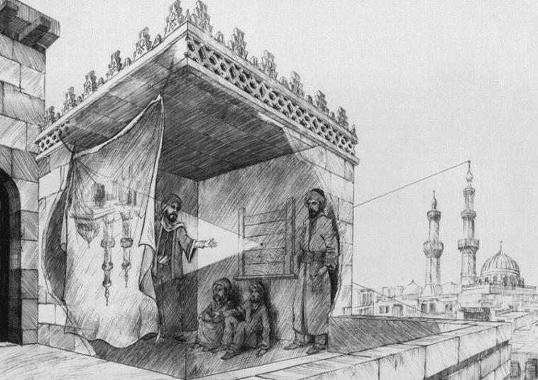 Drawing illustrating a camera obscura and the path of light