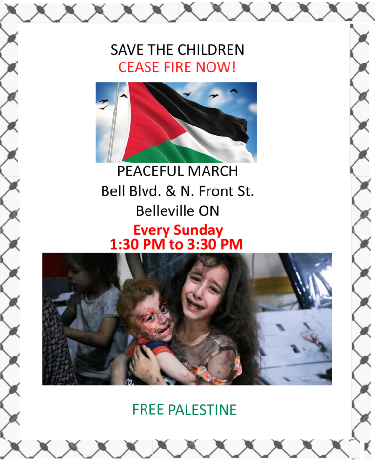 Save the Children, Cease Fire Now poster for a peaceful march in Belleville